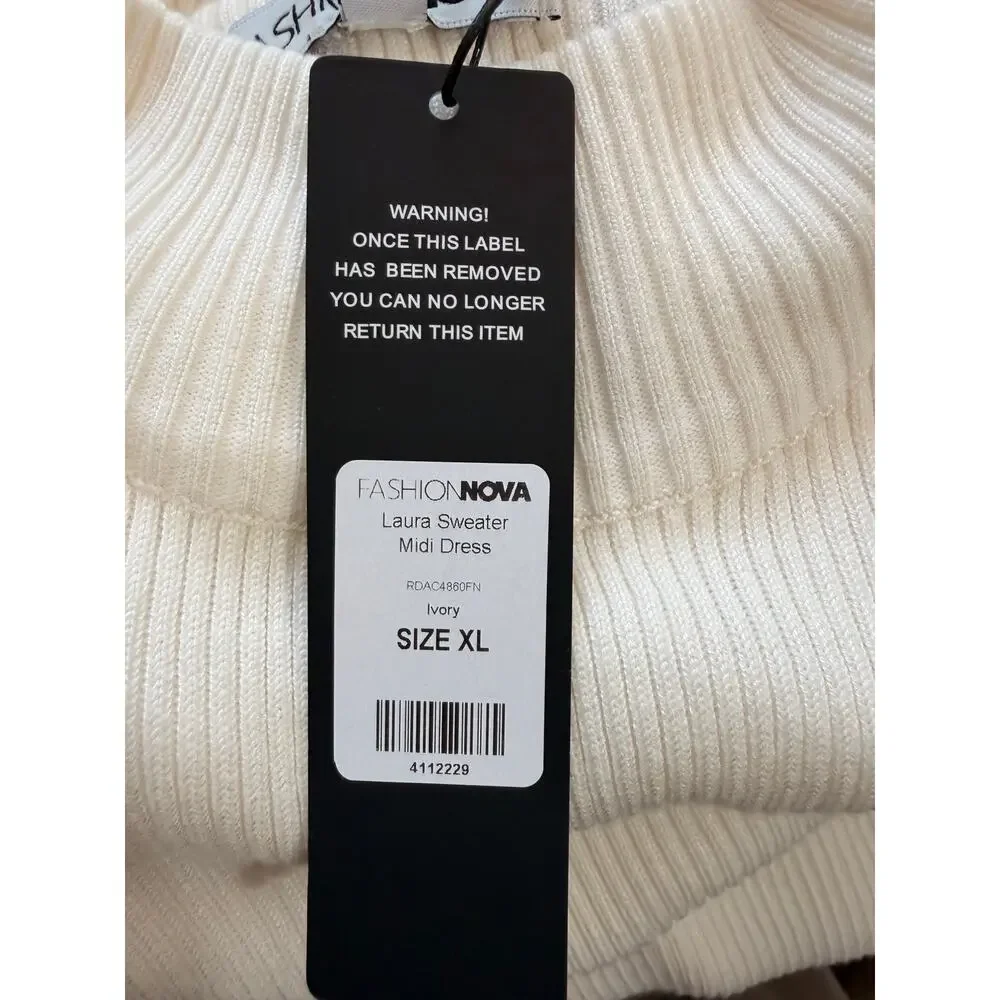 Fashion Nova Laura Ribbed Sweater Midi Dress Ivory Size XL New With Tags - Picture 8 of 10